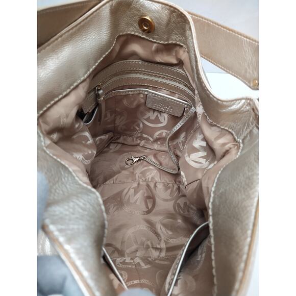 Michael Kors Fulton Metalic Gold Pebbled Leather Buckle Pocket Hobo Shoulder Bag - Picture 10 of 16